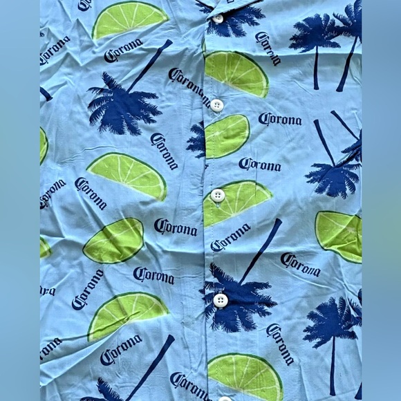 Men’s Size Small Corona Beer Blue Button-Down Camp Shirt 100% Rayon Palm Tree - Picture 2 of 5